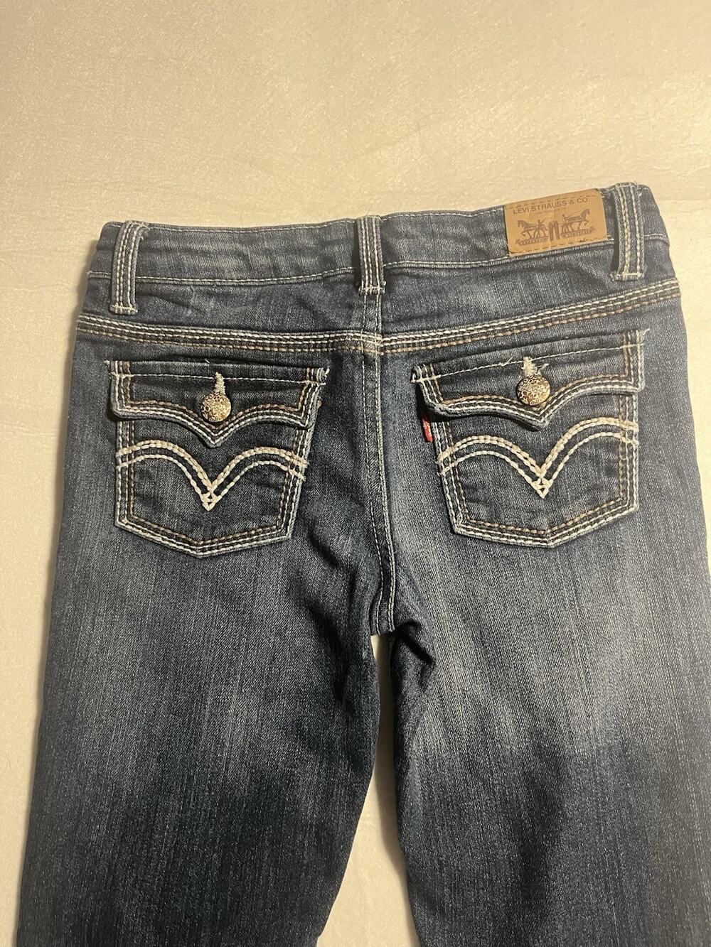 Levi’s Girls Size 8 Bootcut Jeans Dark Wash Flap Pocket Embellished Stretch